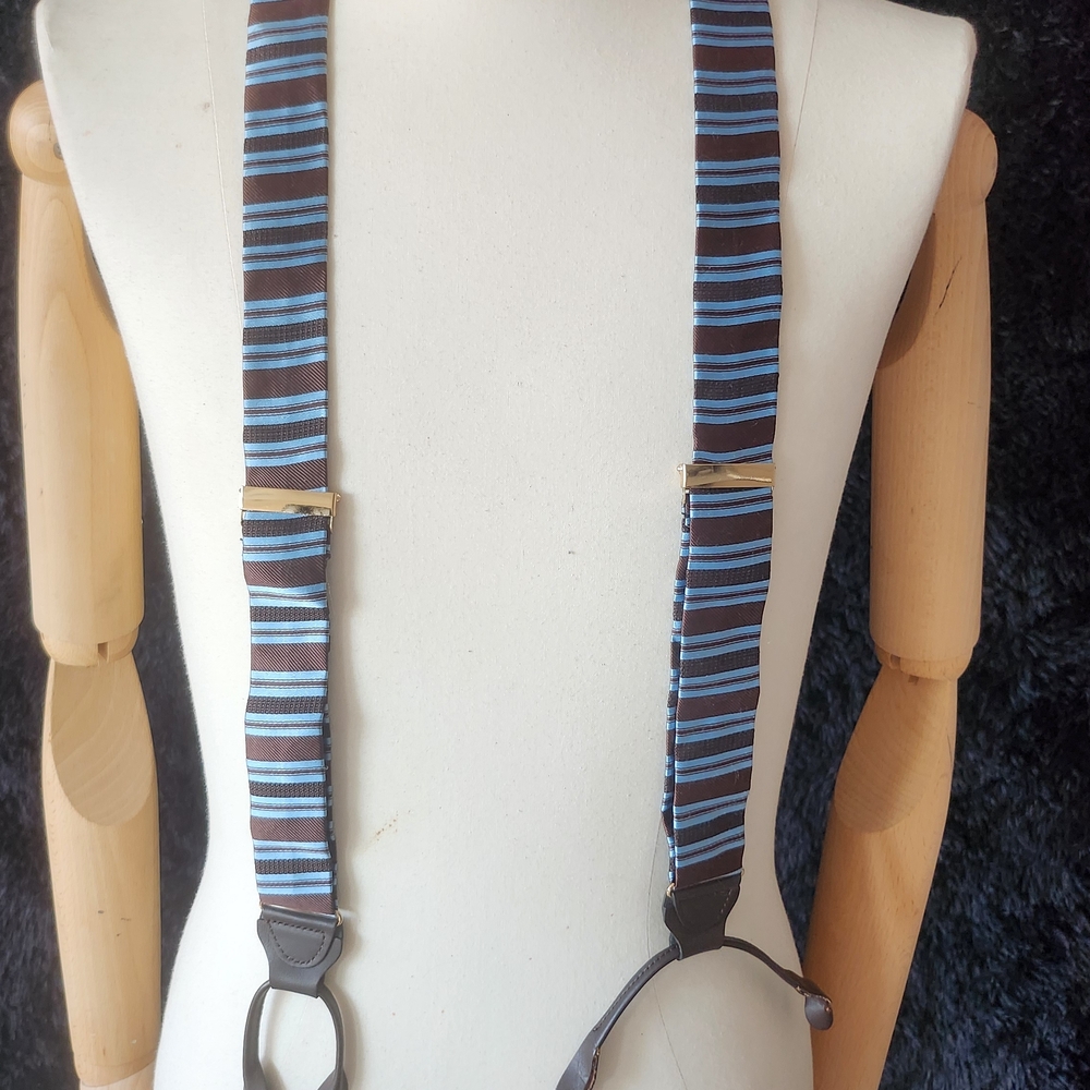 Paul Fredrick Blue and Brown Striped Suspenders
